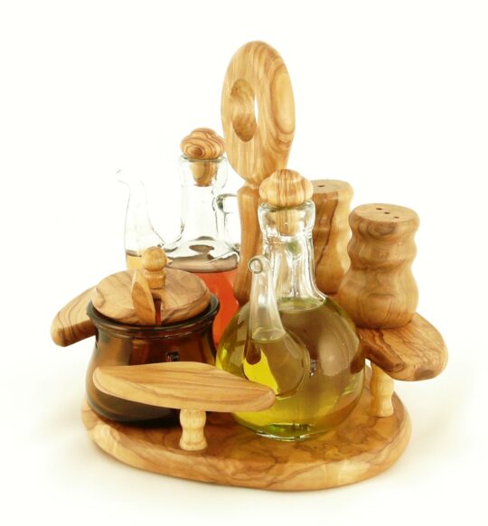 Olive wood Cruet Set Deluxe for olive oil and vinegar.