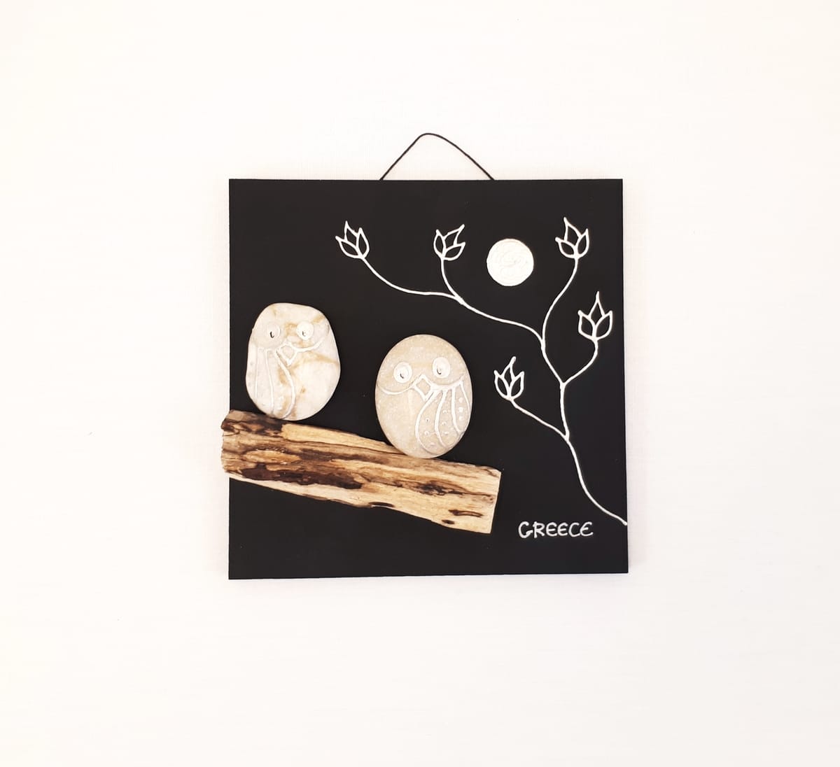 Beach Pebble Frame with Owls on a Branch.